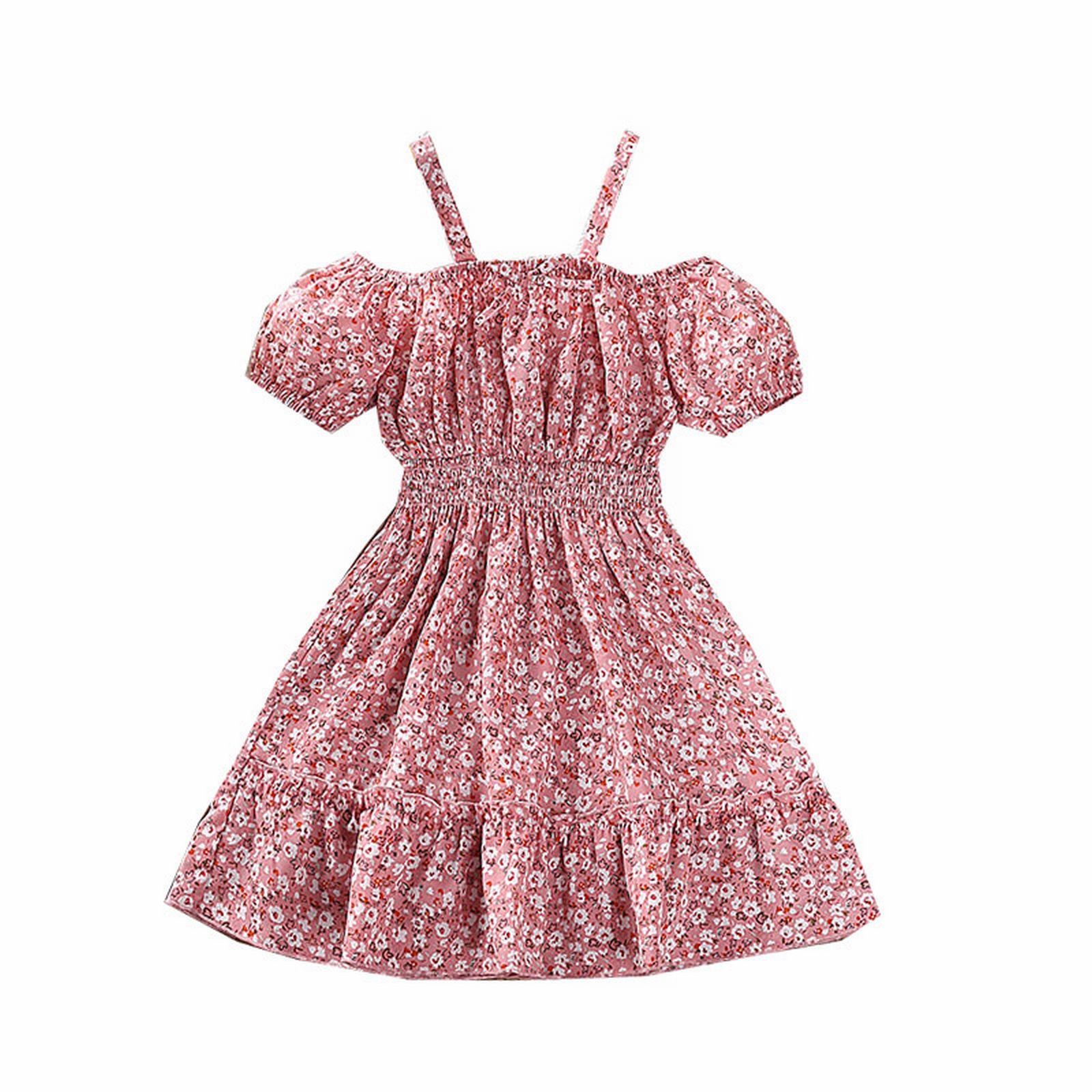 JSCDRPDWL Baby Girl Clothes Girls' Dress Children's Summer Western Style Suspenders Strapless Short Sleeved Floral Princess Dress Girls Black Dress Red 8-9 Years
